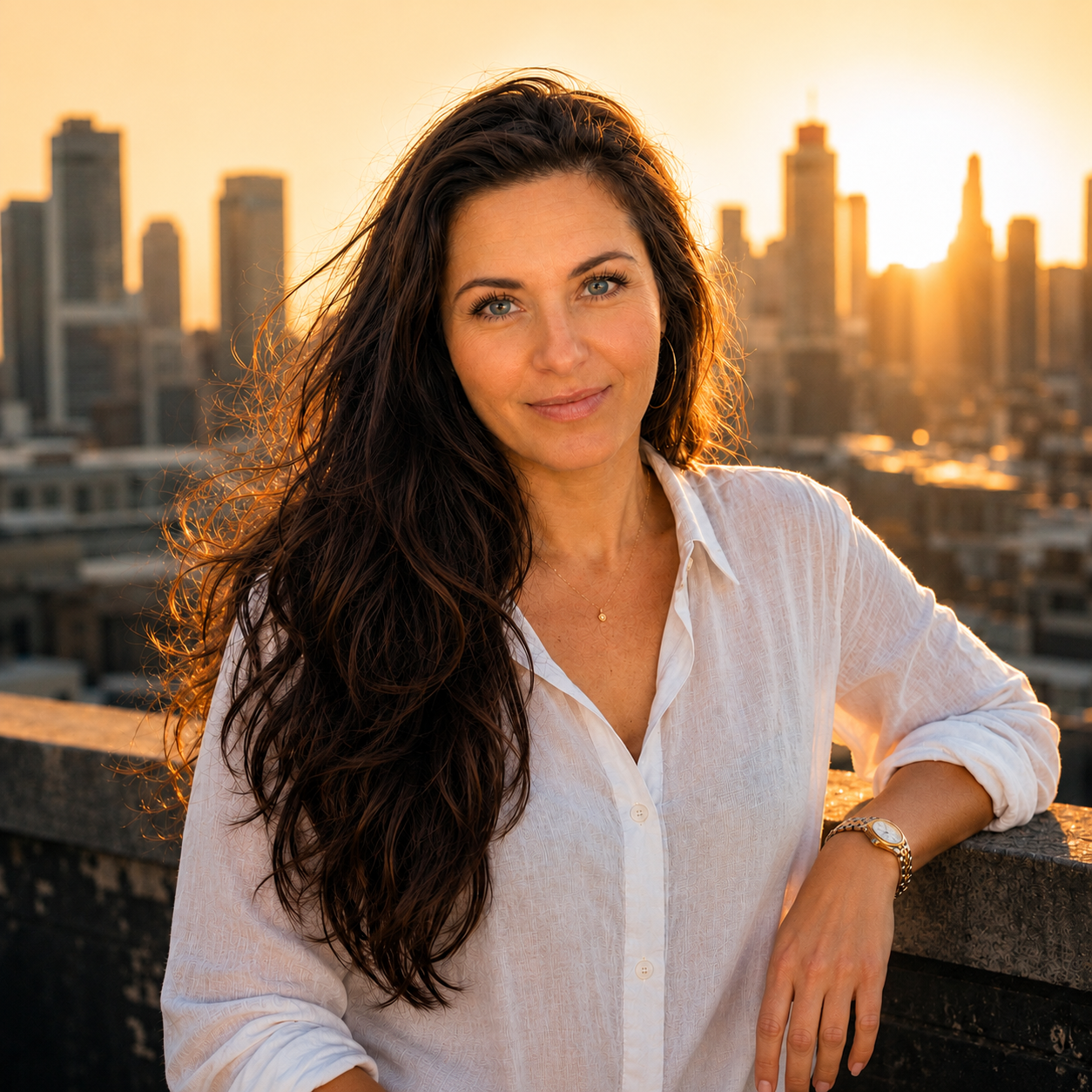 Kimberly Resch on a rooftop at golden hour